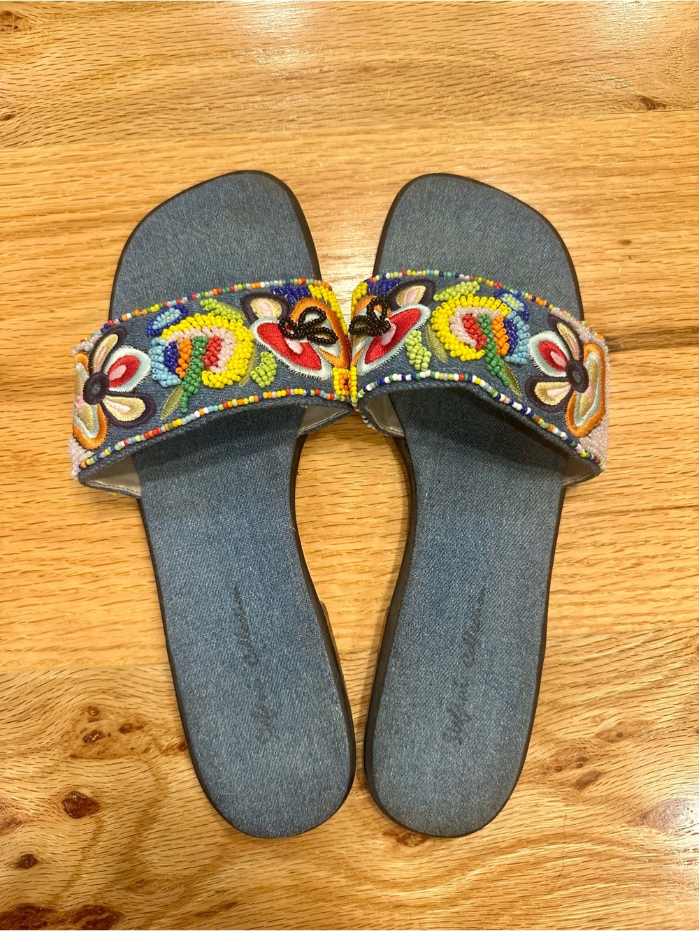 Beaded Floral Slide Sandals - Denim Stefani *9W*